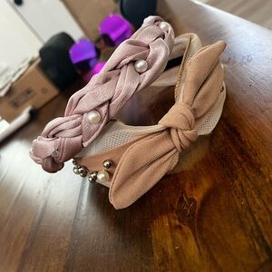 Women’s Braided Pearl Headband and Knotted Fabric Headband Set - Pink & Tan